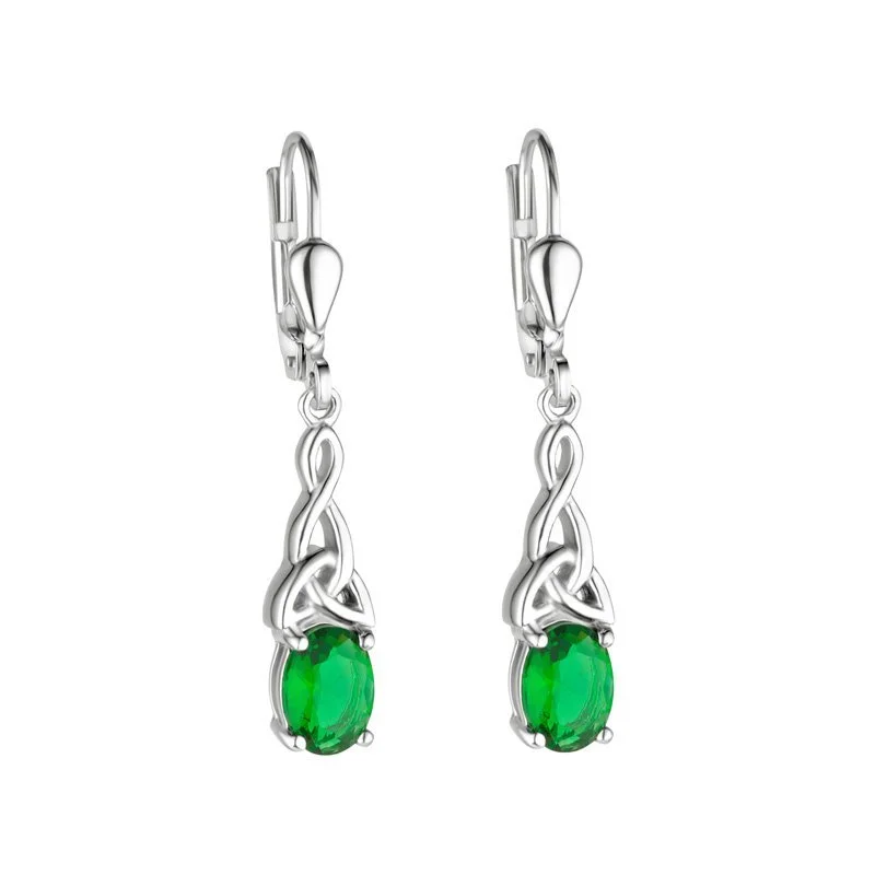 women's earrings emerald -Sterling Silver Green Crystal Trinity Knot Earrings - S34199