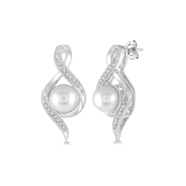 women's earrings minimalist style -6.5 MM Cultured Pearl and 1/20 Ctw Round Cut Diamond Earrings in Sterling Silver