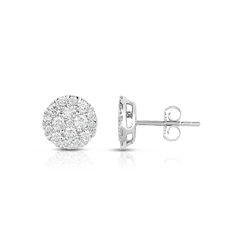 women's earrings engraved love design -Round Diamond Cluster Earrings, .98 Carat, 14K White Gold