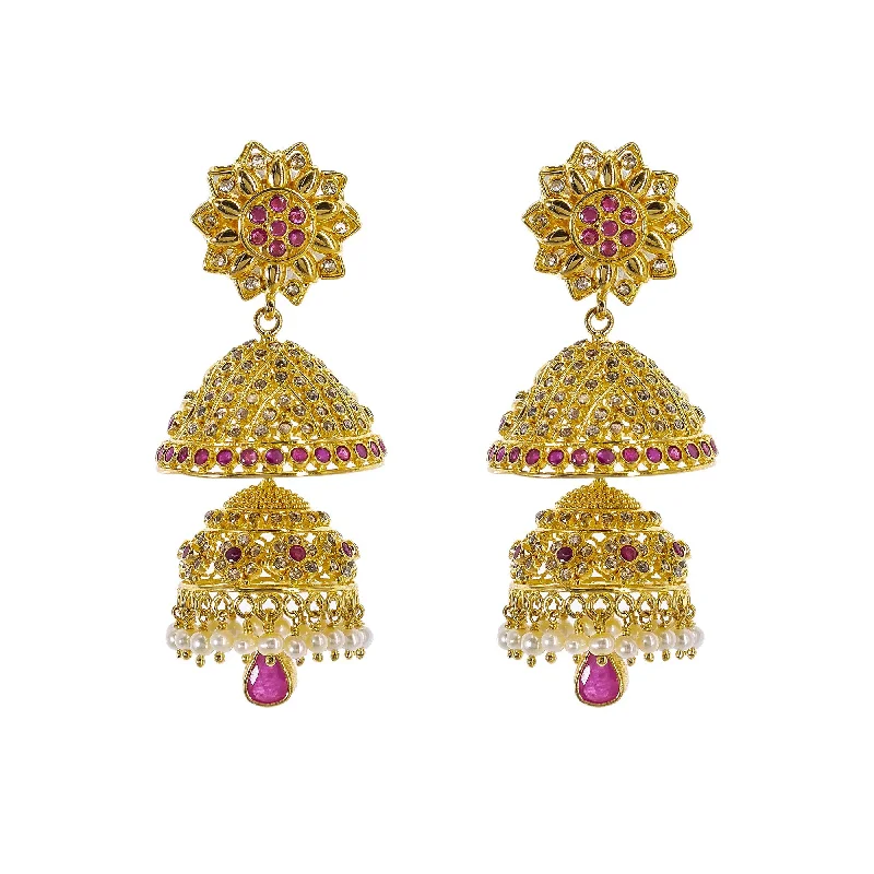 women's earrings anniversary earrings -22K Yellow Gold Uncut Diamond Jhumki Earrings W/ 3.5ct Uncut Diamonds, Rubies, Pearls & Double Drop