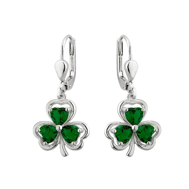 women's earrings stacking charm -Sterling Silver Shamrock Earrings with Green CZ Stones - S33914