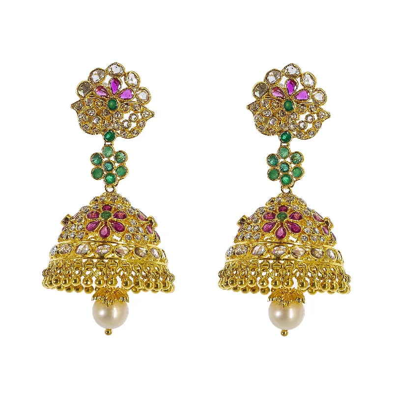 women's earrings with gemstone halo -22K Yellow Gold Uncut Diamond Jhumki Earrings W/ 2.8ct Uncut Diamonds, Emeralds, Rubies & Drop Pearls