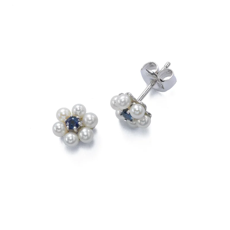 women's earrings tassel style -Petite Pearl With Sapphire Flower Earrings, 14K White Gold