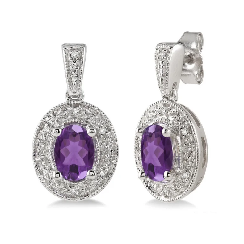 women's earrings hoop design -Sterling Silver 7x5mm Amethyst and 1/20 Carat Diamond Earrings