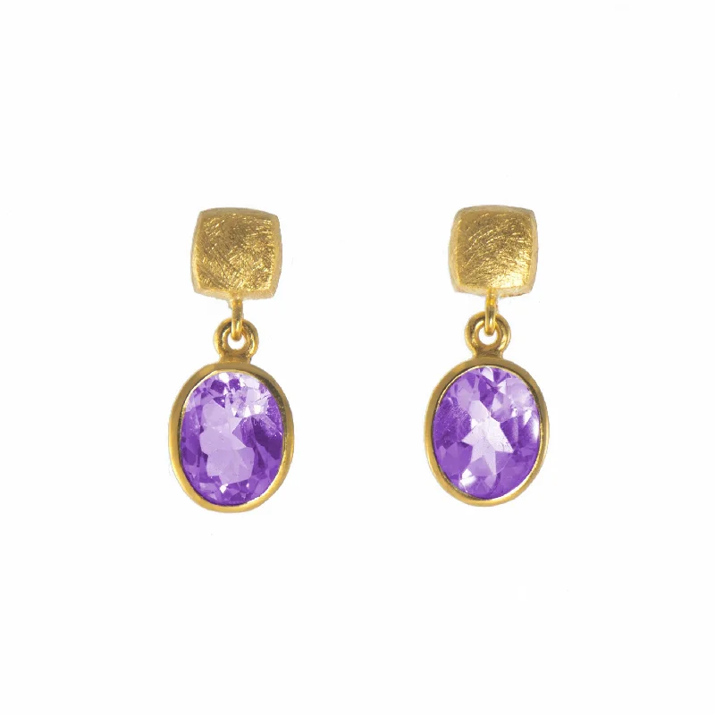 women's earrings mixed metals -Amethyst Bezel Set Drop Earrings, 14 Karat Vermeil