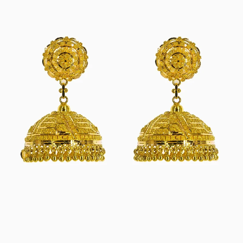 women's earrings huggie hoop -22K Yellow Gold Jhumki Drop Earrings W/ Beaded Filigree & Wide Ornate Domes