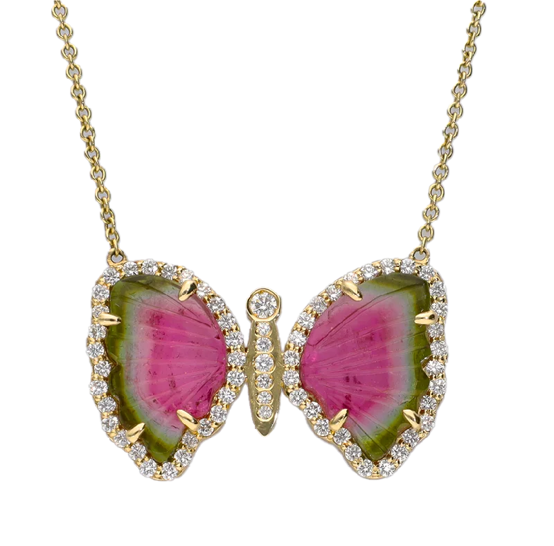 women's necklaces bold statement -14K Yellow Gold Tourmaline Slice & Diamond Butterfly Necklace