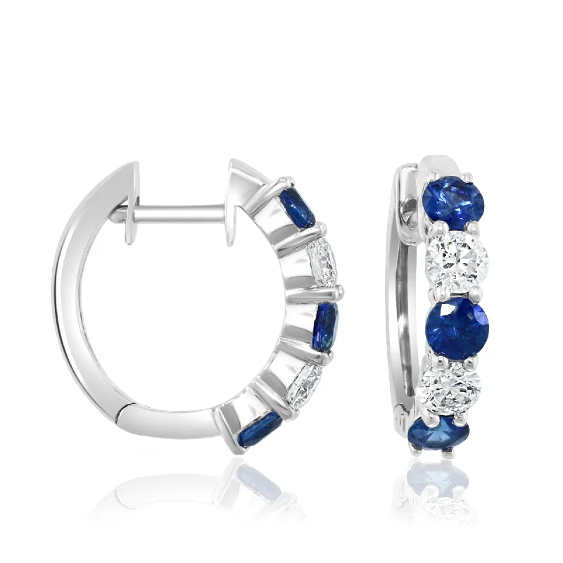 women's earrings personalized initial charm -14K White Gold Sapphire and Diamond Hoop Earrings