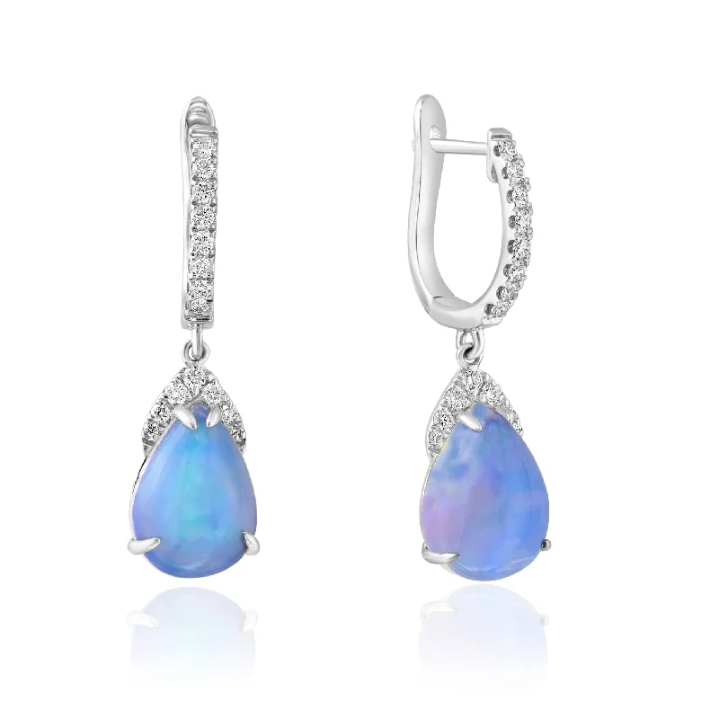 women's earrings gold -14K White Gold Pear-Shaped Ethiopian Opal and Diamond Dangle Earrings