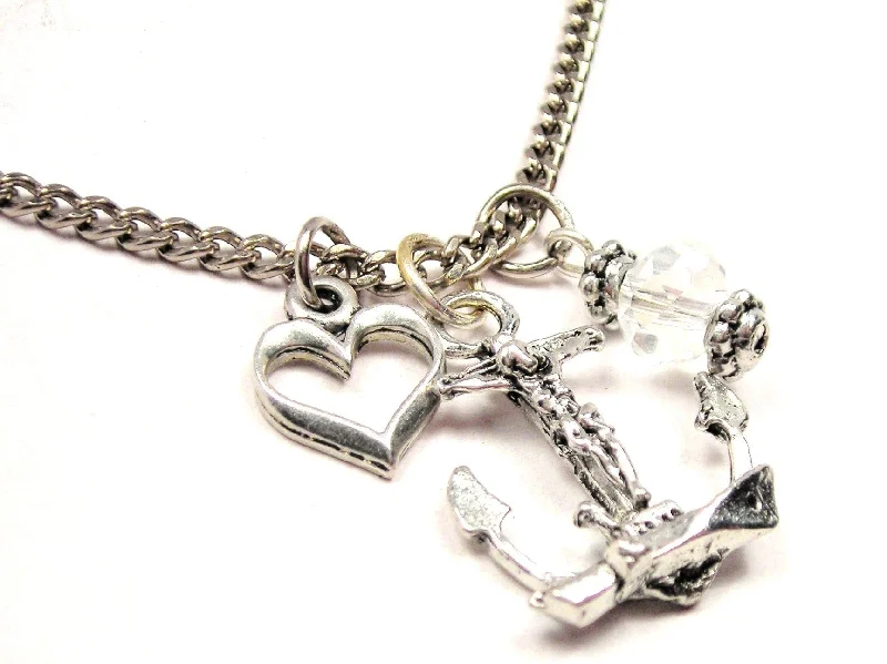 women's necklaces silver -Fisherman's Cross Necklace with Small Heart