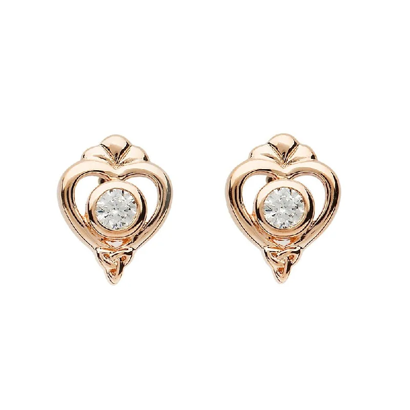 women's earrings crystal accent -Tara's Diary Sterling Silver Princess CZ Earrings with Rose Gold Heart - TD238