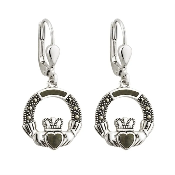 women's earrings special occasion -Sterling Silver Claddagh Earrings with Connemara Marble and Marcasite S33558