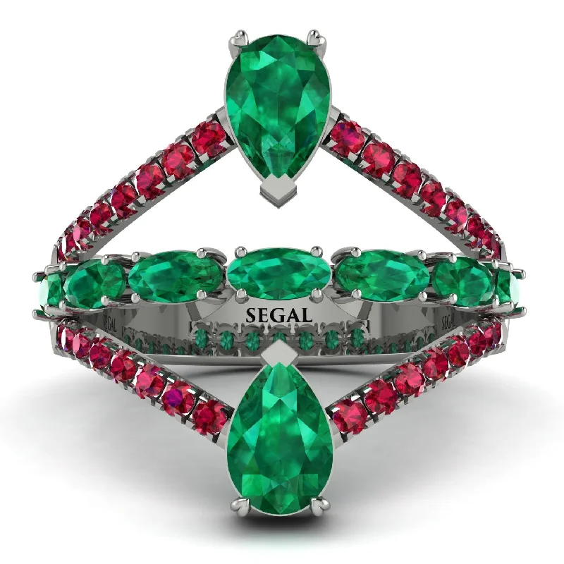 women's ring pave setting -Symmetrical Twist Shank Pear Emerald Ring - Eliza No. 51