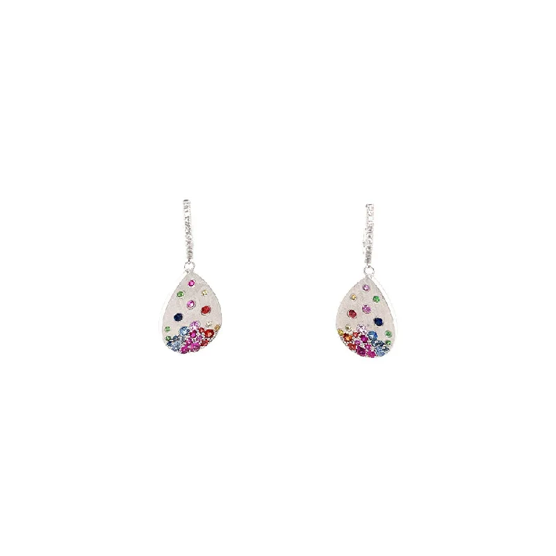 women's earrings art deco style -14 Karat White Gold Pear shape earrings with Multi Colored Sapphires and Tsavorites on Diamond Huggy