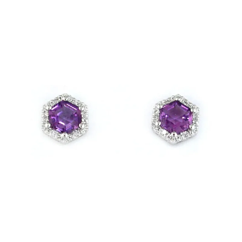 women's earrings vintage style -Amethyst and Diamond Halo Earrings in 14 Karat White Gold