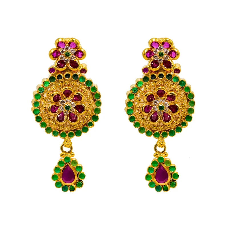 women's earrings luxury collection -22K Yellow Gold Earrings W/ Rubies, Emeralds, CZ Gems & Round Floral Pendant