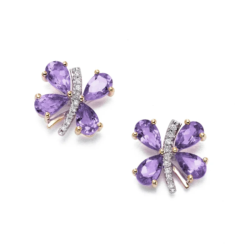 women's earrings romantic heart studs -Butterfly Earrings with Amethyst and Diamonds, 14K Yellow Gold