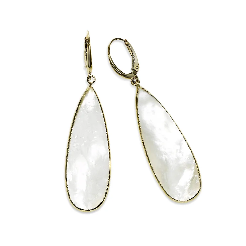 women's earrings eco-friendly -Large Mother of Pearl Dangle Earrings, 14K Yellow Gold