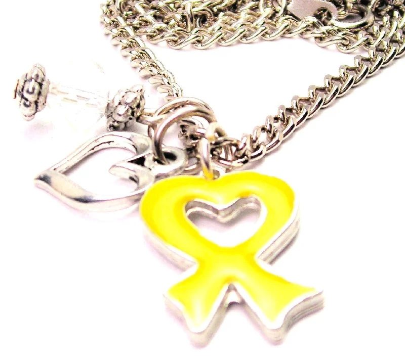 women's necklaces anniversary necklace -Hand Painted Heart Shaped Awareness Ribbon Yellow Necklace with Small Heart