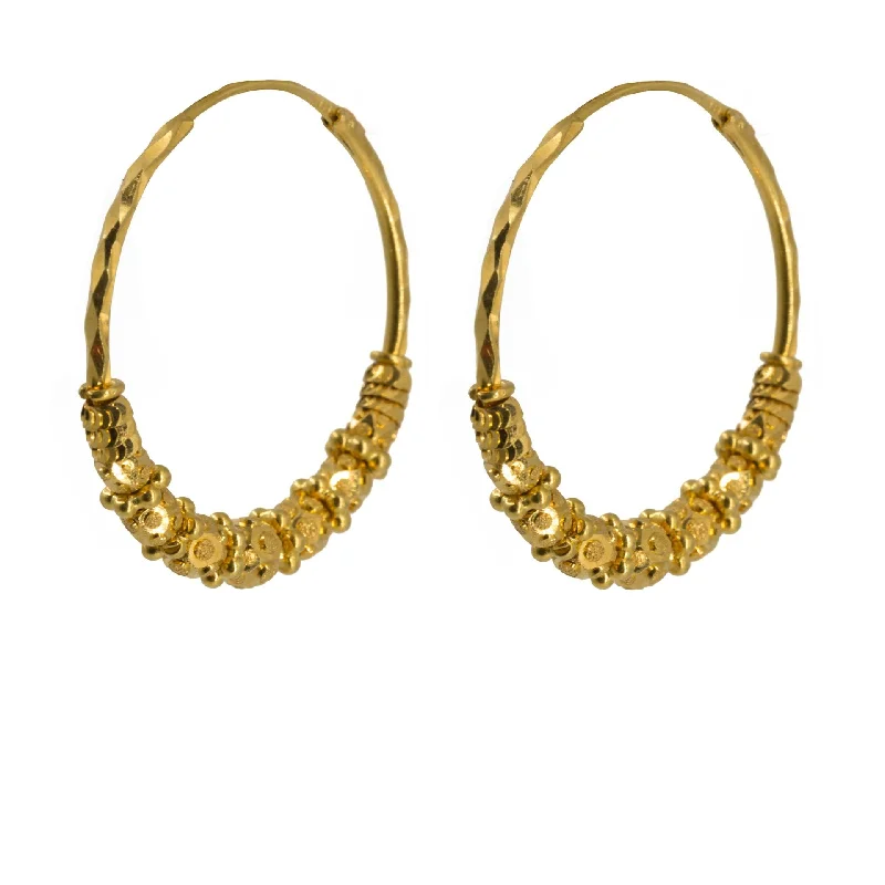 women's earrings tiny dainty studs -22K Yellow Gold Hoop Earrings W/ Chunky Beaded Design & Light Hammered Hoop