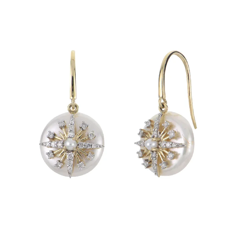 women's earrings butterfly charm -Coin Pearl and Diamond Drop Earrings, 14K Yellow Gold