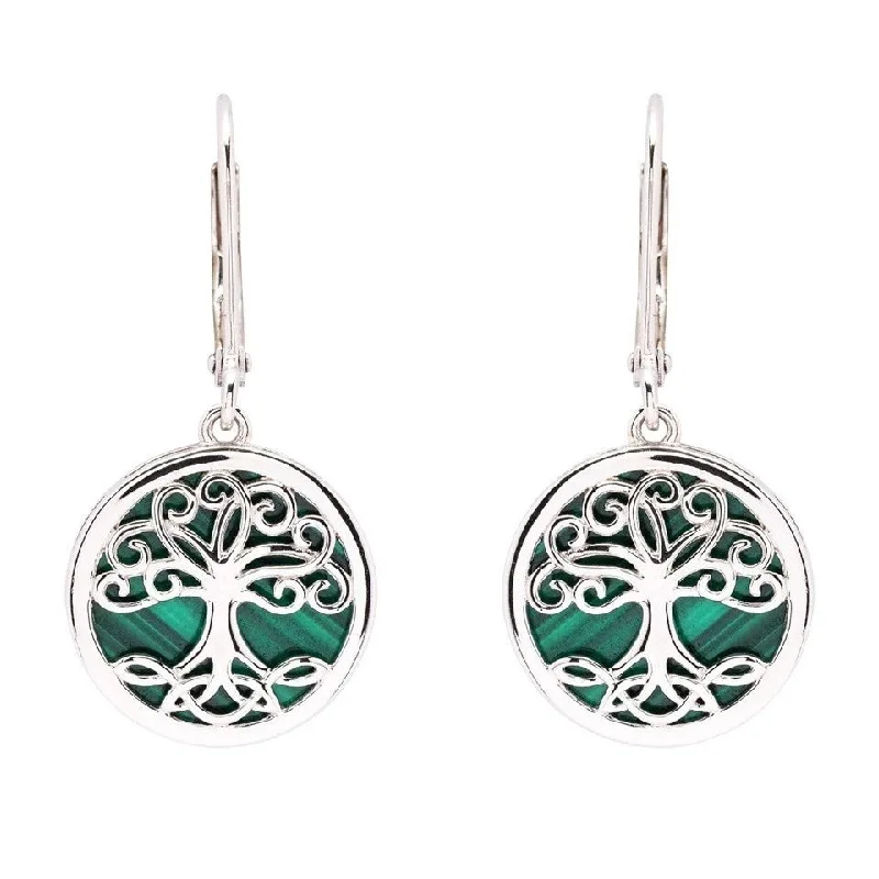 women's earrings climber design -Sterling Silver Tree of Life Earrings with Malachite SE2326