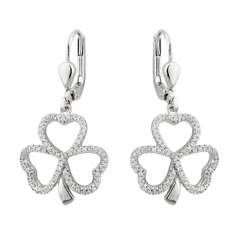 women's earrings mixed metals -Sterling Silver Shamrock Earrings with CZ Stones - S33754