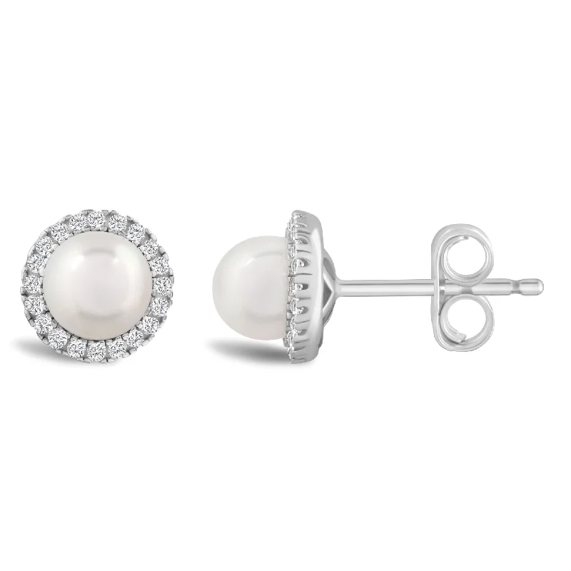 women's earrings Valentine's Day gift -Round Pearl and Diamond Halo June Birthstone Earrings in Sterling Silver