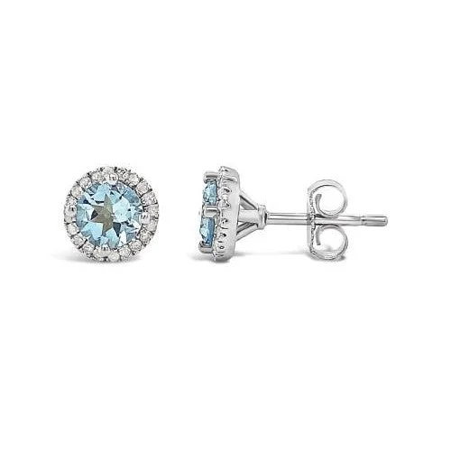 women's earrings celestial starburst -Round Aquamarine and Diamond Halo March Birthstone Earrings in Sterling Silver