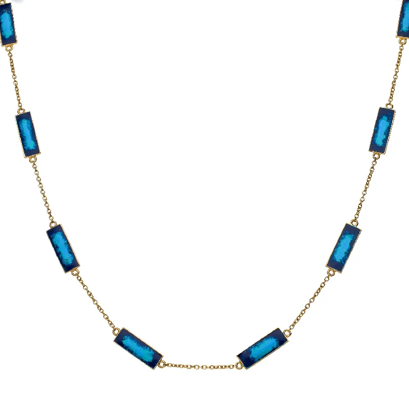 women's necklaces elegant crystal drop -Martha Seely Designs 14K Yellow Gold Hand Painted Blue Enamel Stations 18" Necklace