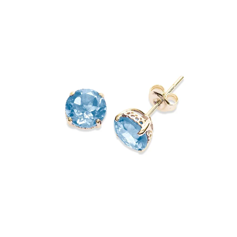 women's earrings diamond -Round Blue Topaz Stud Earrings, 6 MM, 14K Yellow Gold