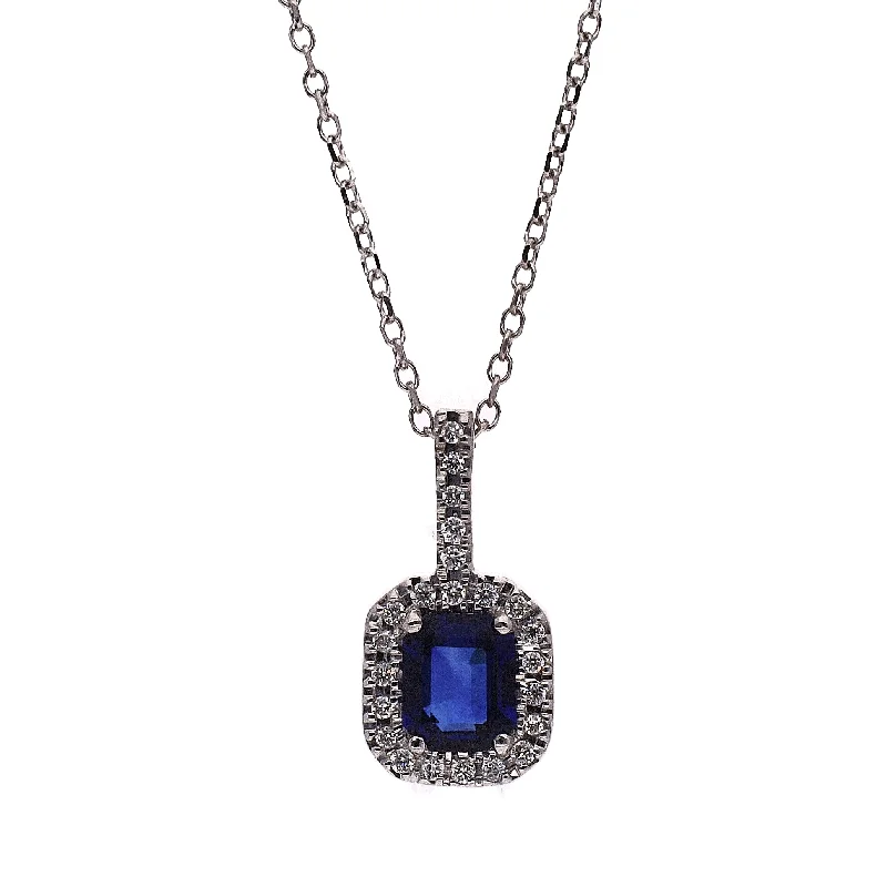 women's necklaces perfect layering set -14K White Gold Emerald Cut Sapphire & Diamond Pendant Necklace