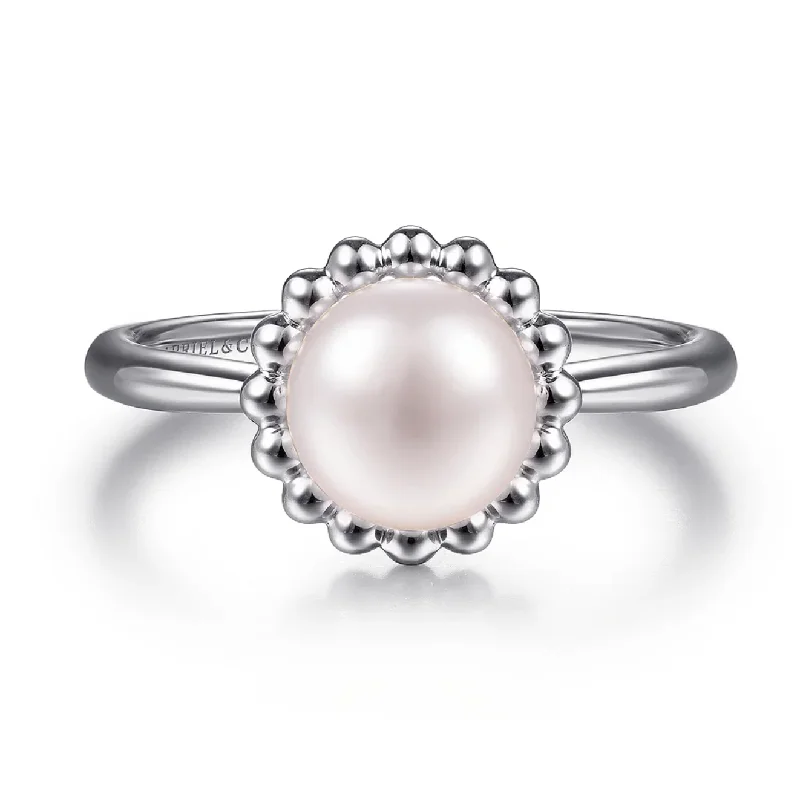 women's ring elegant and modern -Gabriel  Sterling Silver Pearl Ring with Bujukan Beaded Halo