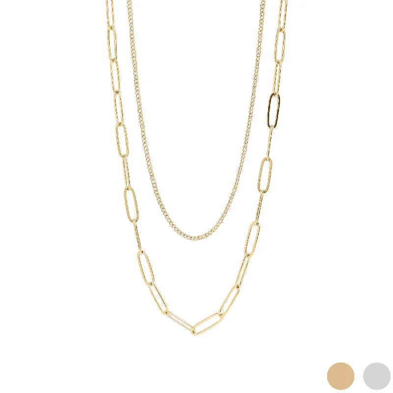 women's necklaces boho style -18K Gold PVD Stainless Steel Dainty Curb and Paperclip Layered Chain Necklace / CHN0019