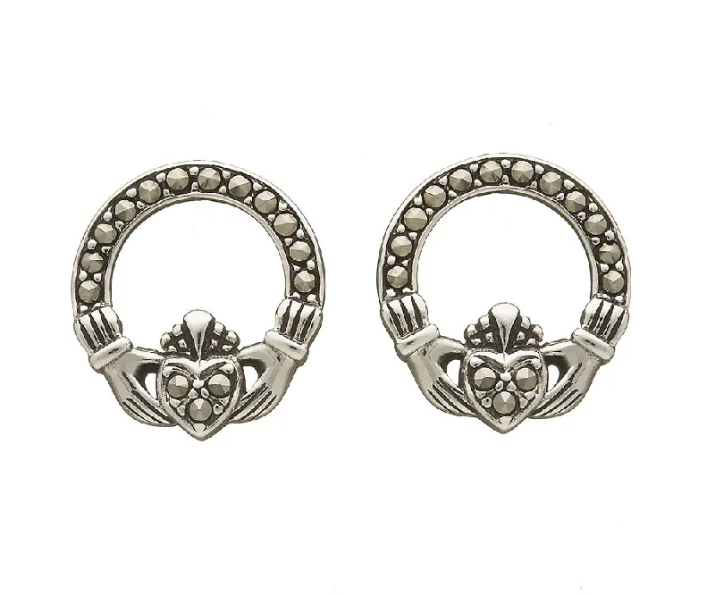 women's earrings zodiac sign -Sterling Silver Marcasite Claddagh Earrings - ANU2062