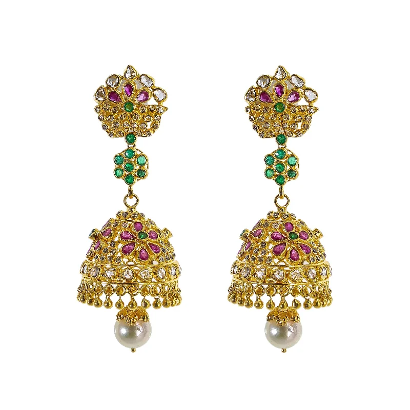 women's earrings high-polish finish -22K Yellow Gold Uncut Diamond Jhumki Earrings W/ 2.45ct Uncut Diamonds, Emeralds, Rubies & Drop Pearls