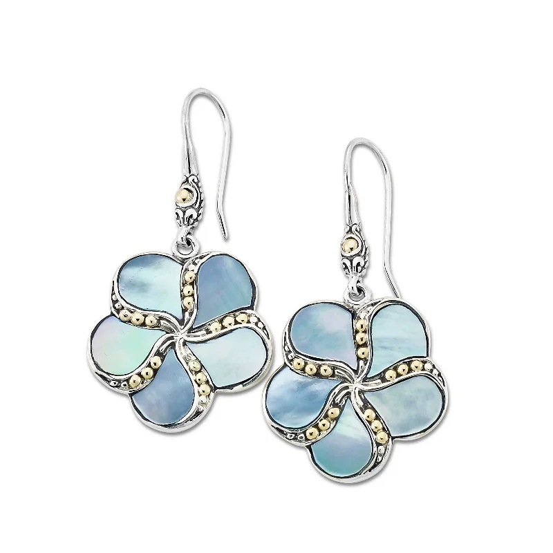 women's earrings trendy simple studs -Blue Mother of Pearl Flower Drop Earrings, Sterling Silver