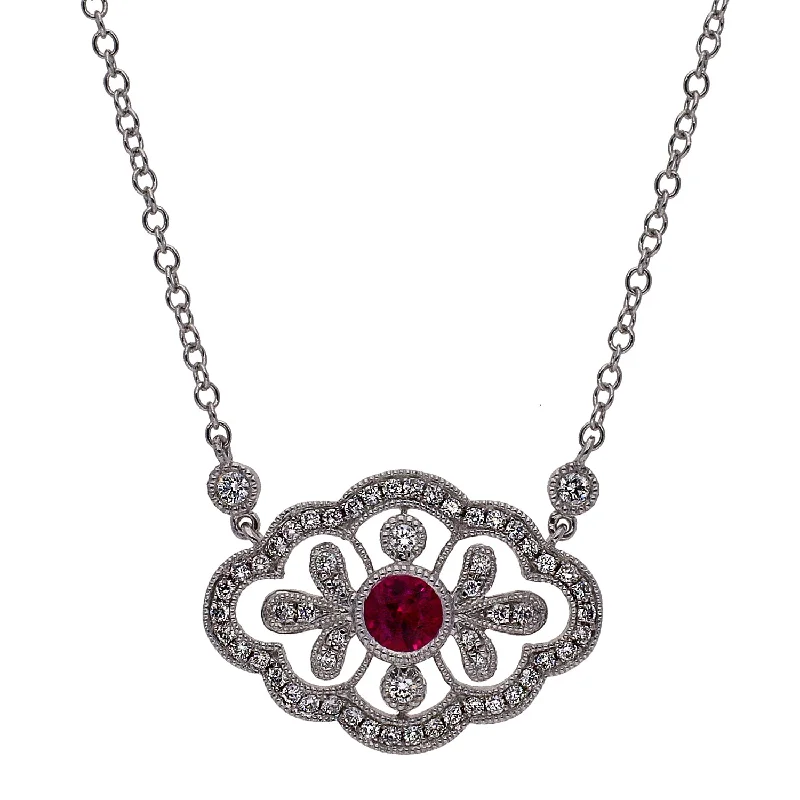 women's necklaces special occasion -14K White Gold Center Round Ruby and Diamond Necklace