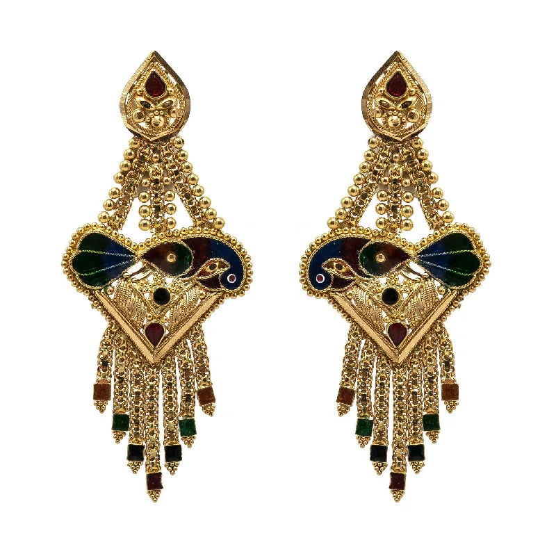 women's earrings cubic zirconia -22K Yellow Gold Earrings W/ Hand Painted Peacock & Beaded Filigree on Tassel Pendant