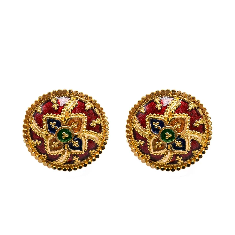 women's earrings trendy look -22K Yellow Gold Stud Earrings W/ Hand Painted Finish & Four Petal Flower Design