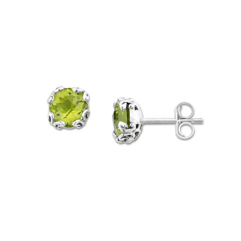 women's earrings cubic zirconia -Round Peridot Stud Earrings, Sterling Silver