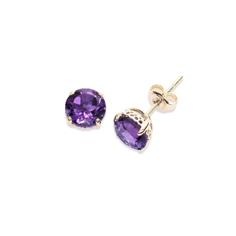 women's earrings casual everyday wear -Round Amethyst Stud Earrings, 8 MM, 14K Yellow Gold