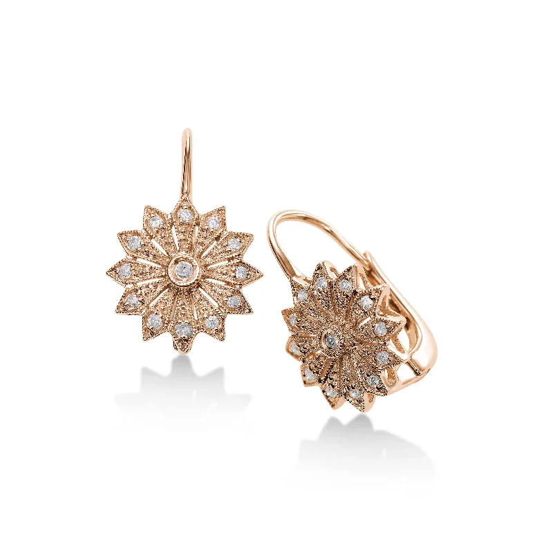 women's earrings chandelier style -Flower Design Pavé Diamond Earrings, 14K Rose Gold