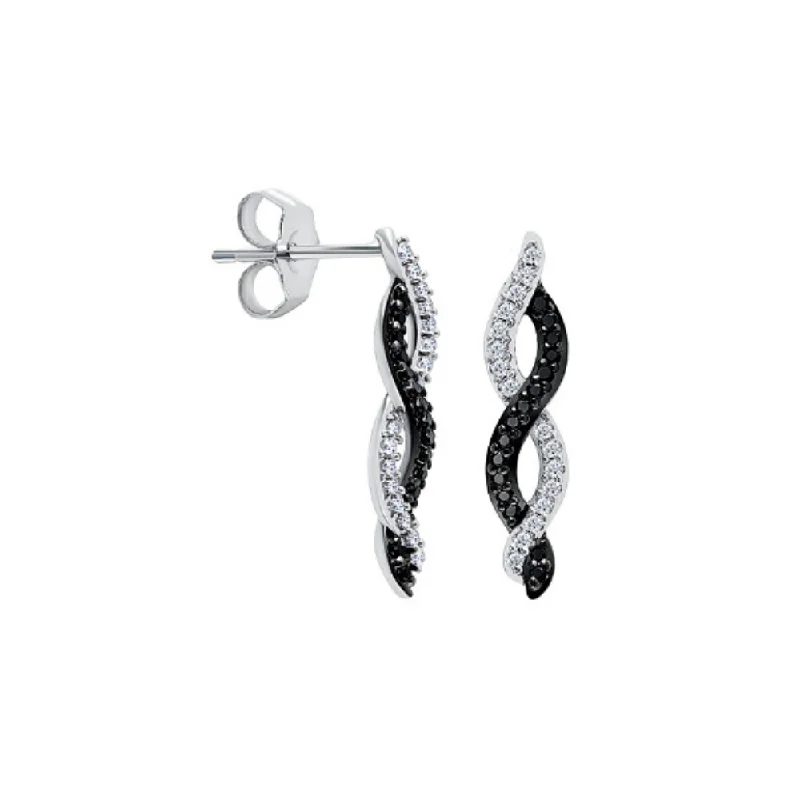 women's earrings stacking charm -1/5 Ctw Twisted Black and White Diamond Earrings in 10k White Gold