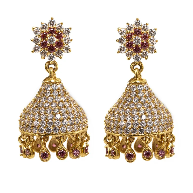 women's earrings star charm -22K Yellow Gold JhumkiDrop Earrings W/ Rubies, CZ Gems, Crystalized Designs & Cluster Flowers