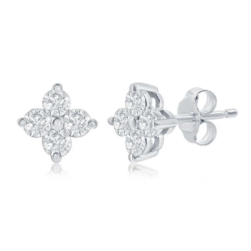 women's earrings diamond solitaire -14K White Gold Diamond Floral Stud Earrings - 7/8ct Total, SI Clarity