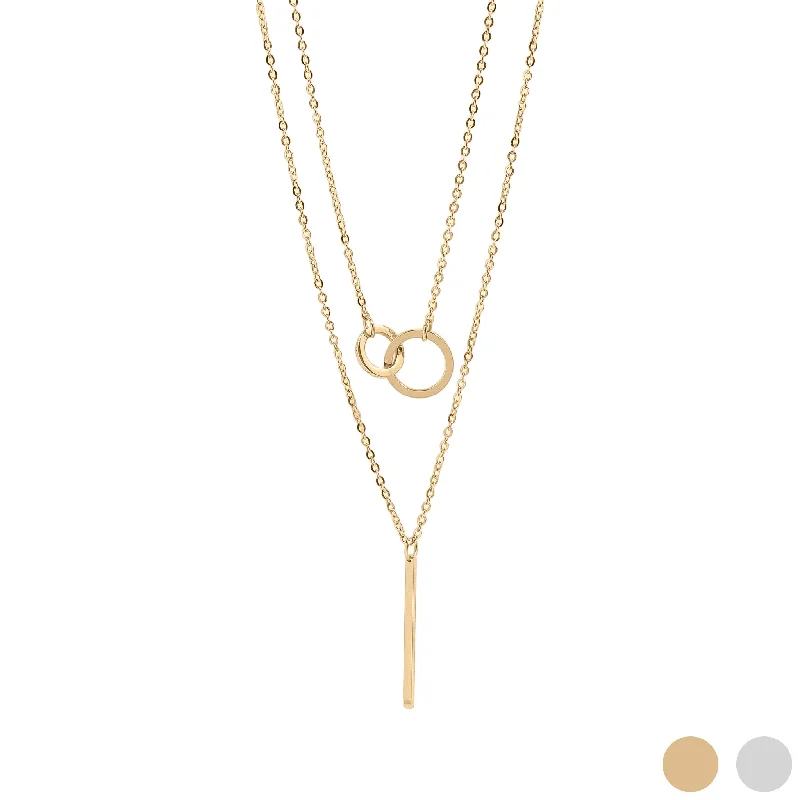 women's necklaces elegant style -18K Gold PVD Stainless Steel Interlocked Circle and Bar Layered Charm Necklace / CHN0006