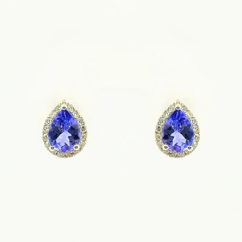 women's earrings handcrafted design -Halo Pear Shape 9 kt White Gold, Tanzanite and Diamond Earrings