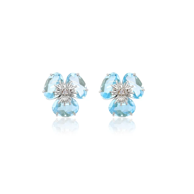 women's earrings stud design -Blue Topaz Flower Pansy Earrings, 18K White Gold