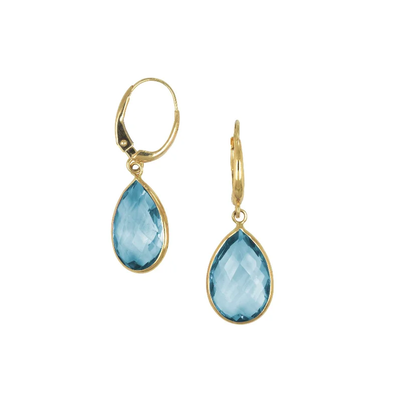 women's earrings high-polish finish -Pearshape Blue Drop Earrings, 14K Yellow Gold